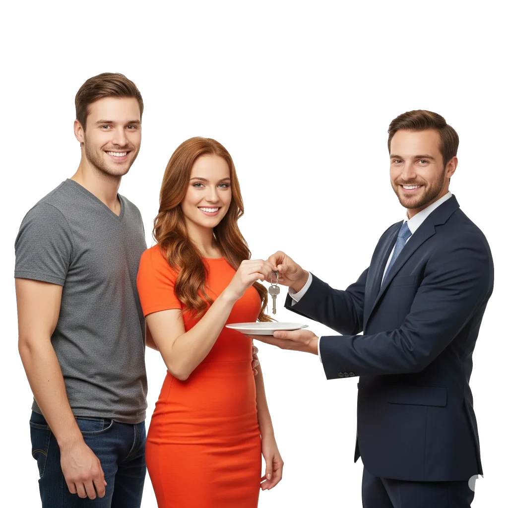 na pareja sonriente junto a un Bróker hipotecario recibiendo las llaves de su nuevo hogar celebrando la adquisición de vivienda.