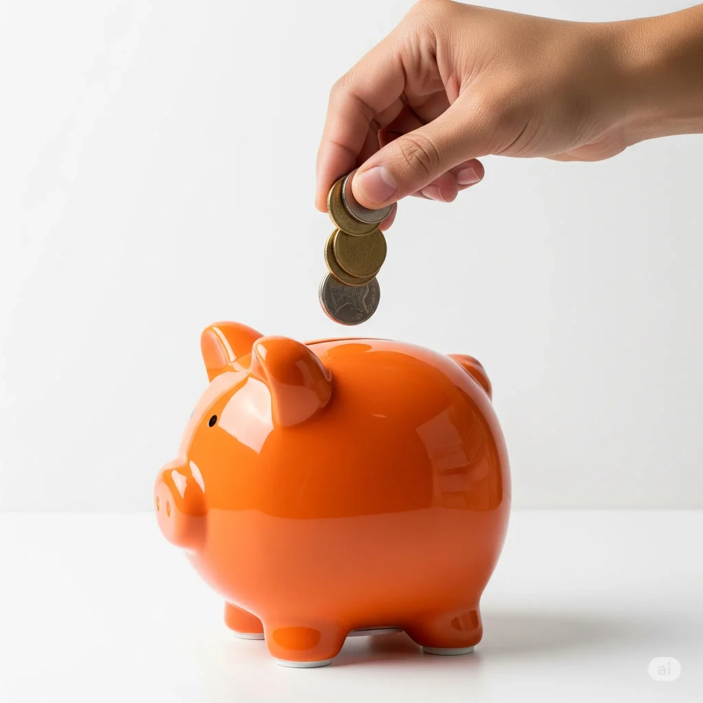 Una mano inserta monedas en una alcancía en forma de puerquito de color naranja, simbolizando el ahorro para un crédito con el programa Aapoyo Infonavit.