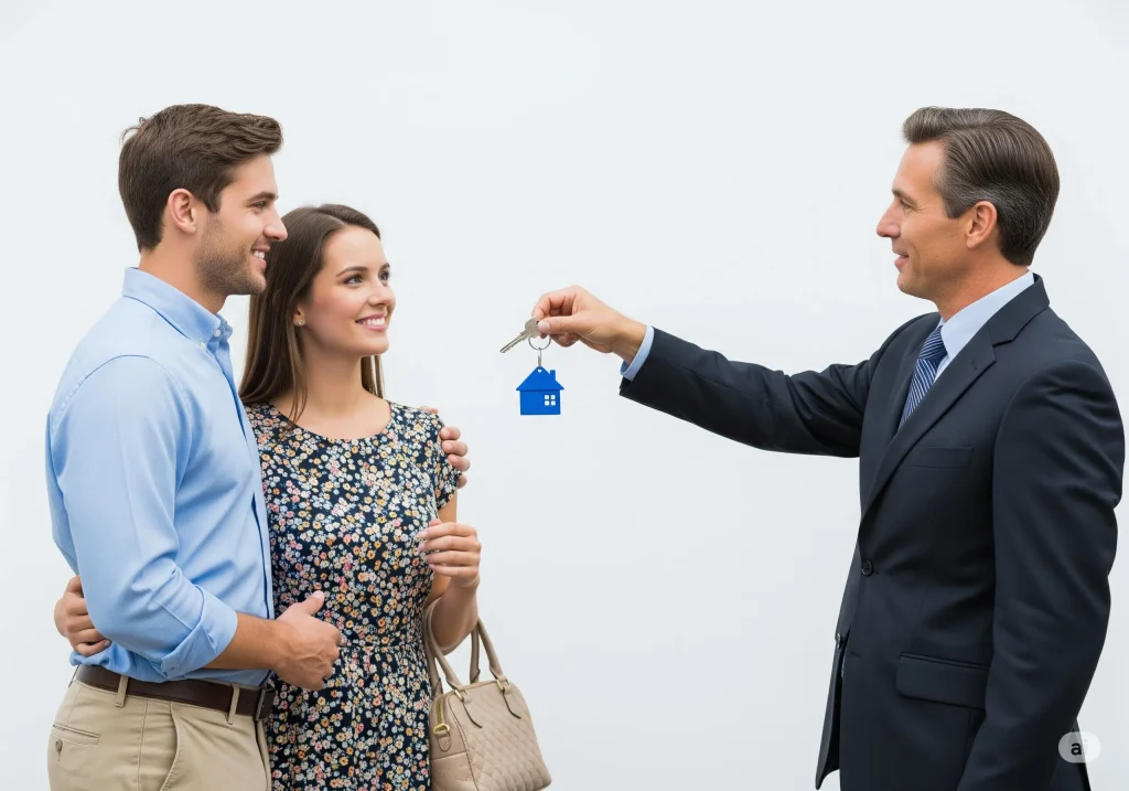 Un joven bróker hipotecario entrega un juego de llaves con un llavero de casa azul a una pareja joven feliz, representando la entrega de una vivienda al saber que es Apoyo Infonavit.