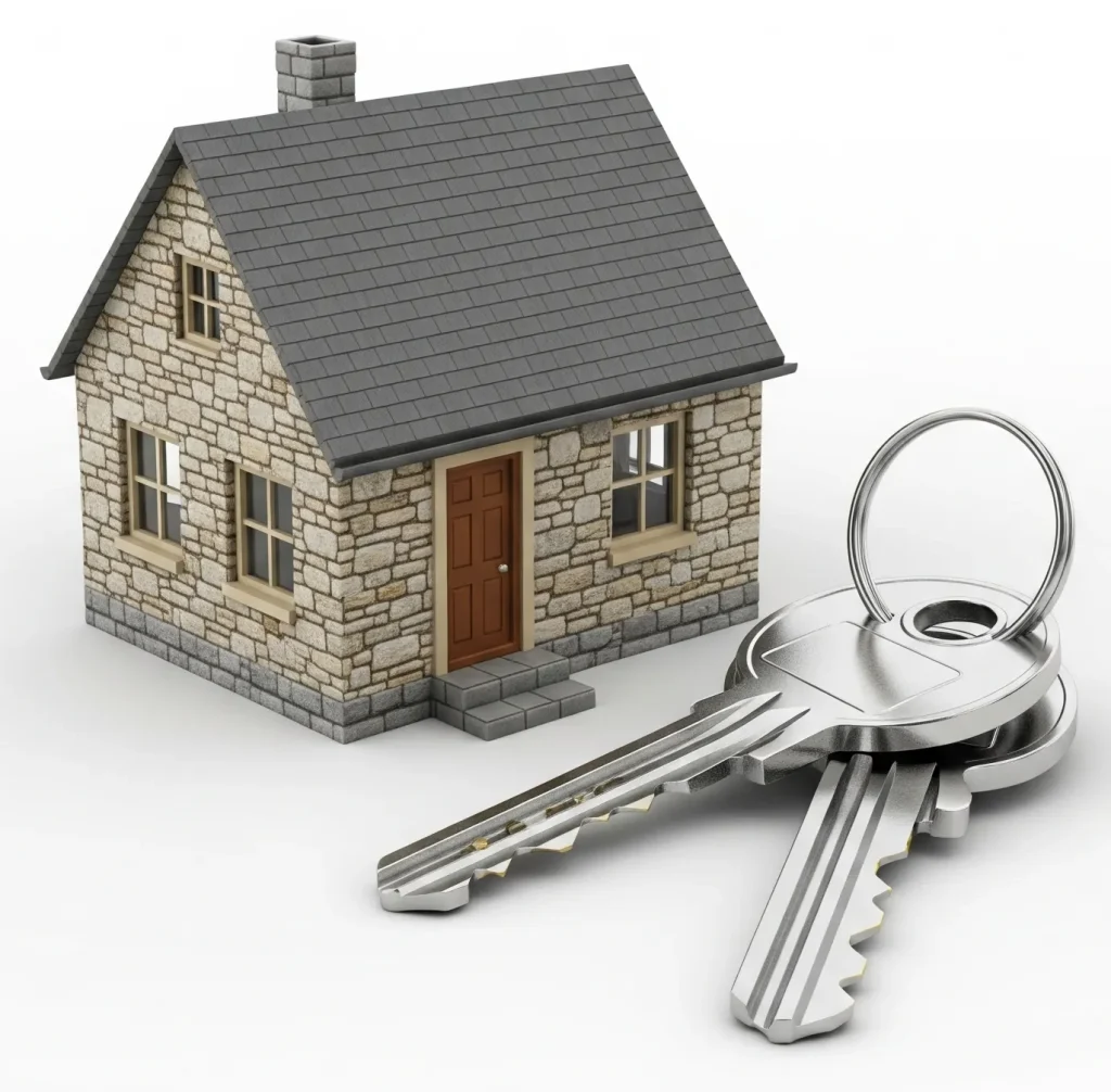 Imagen realista de una pequeña casa de piedra con un techo gris y un juego de llaves de metal, simbolizando la adquisición de vivienda al saber que es Apoyo Infonavit.